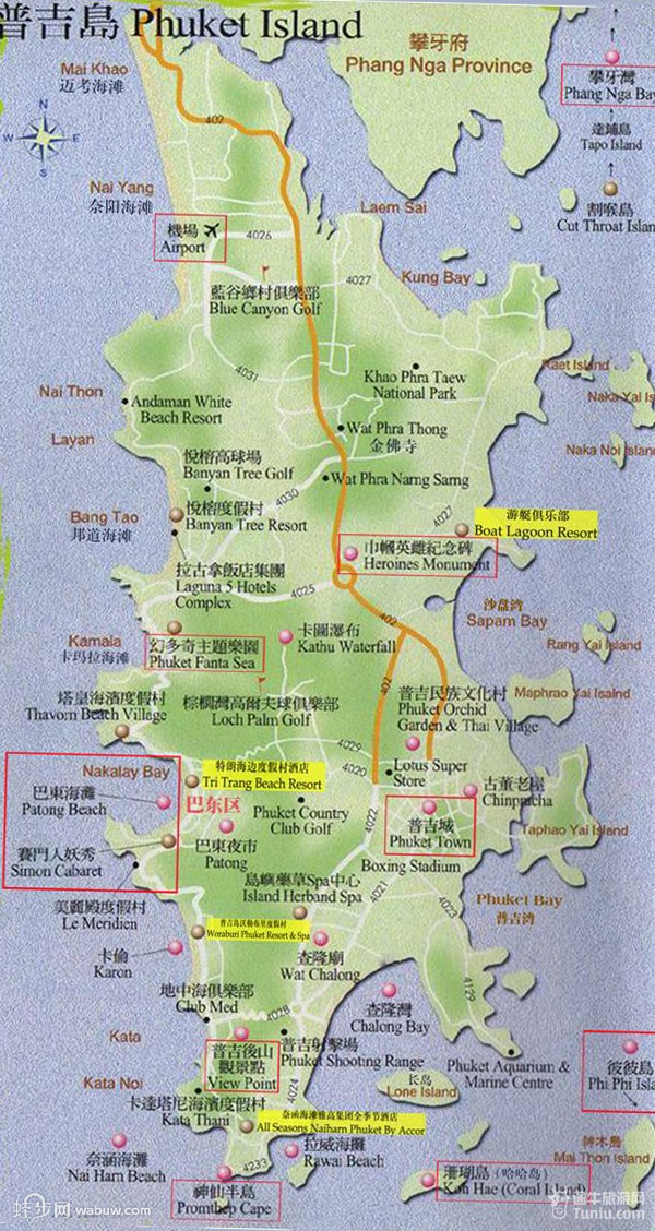 普吉岛旅游地图高清版 泰国普吉岛景点分布地图中文版