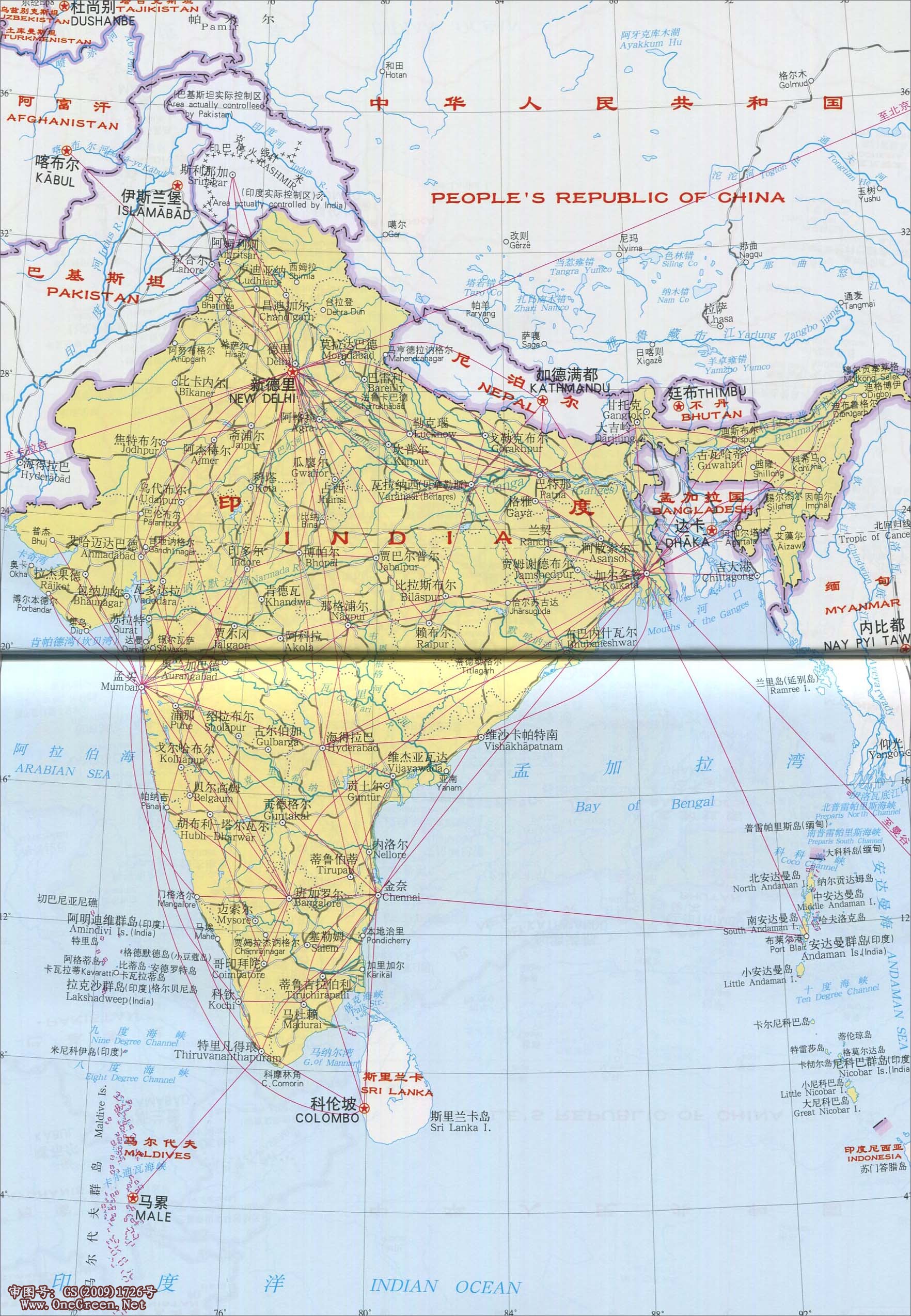 印度交通-铁路和航空线路图地图
